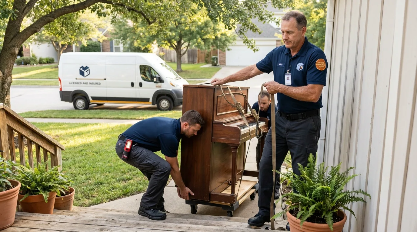 Licensed piano movers securing grand piano in Wading River, NY
