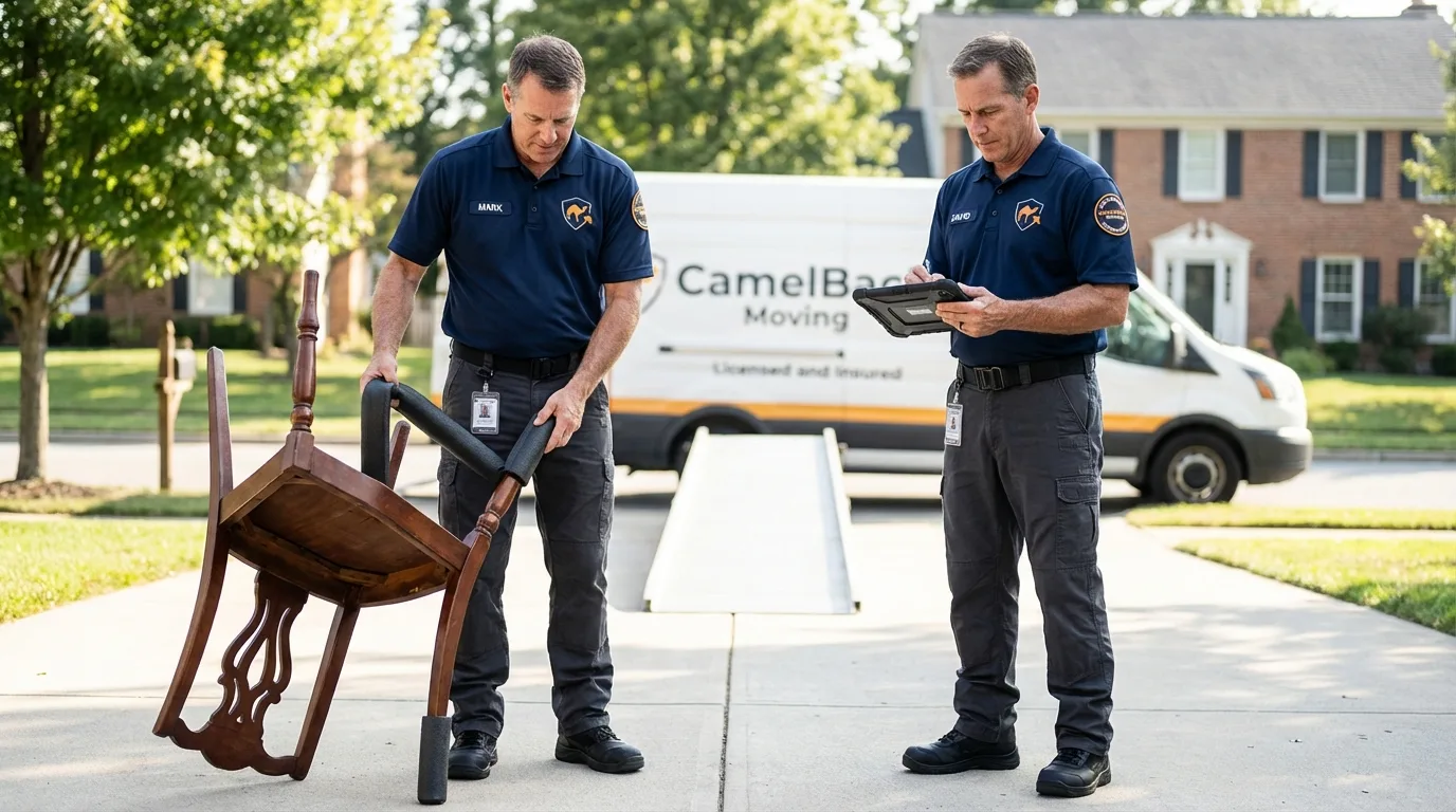 Movers inspecting furniture for damage prevention before loading in Wading River, NY
