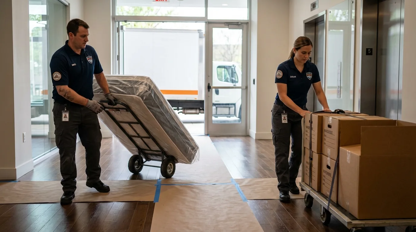 Professional apartment movers loading elevator in Wading River, NY